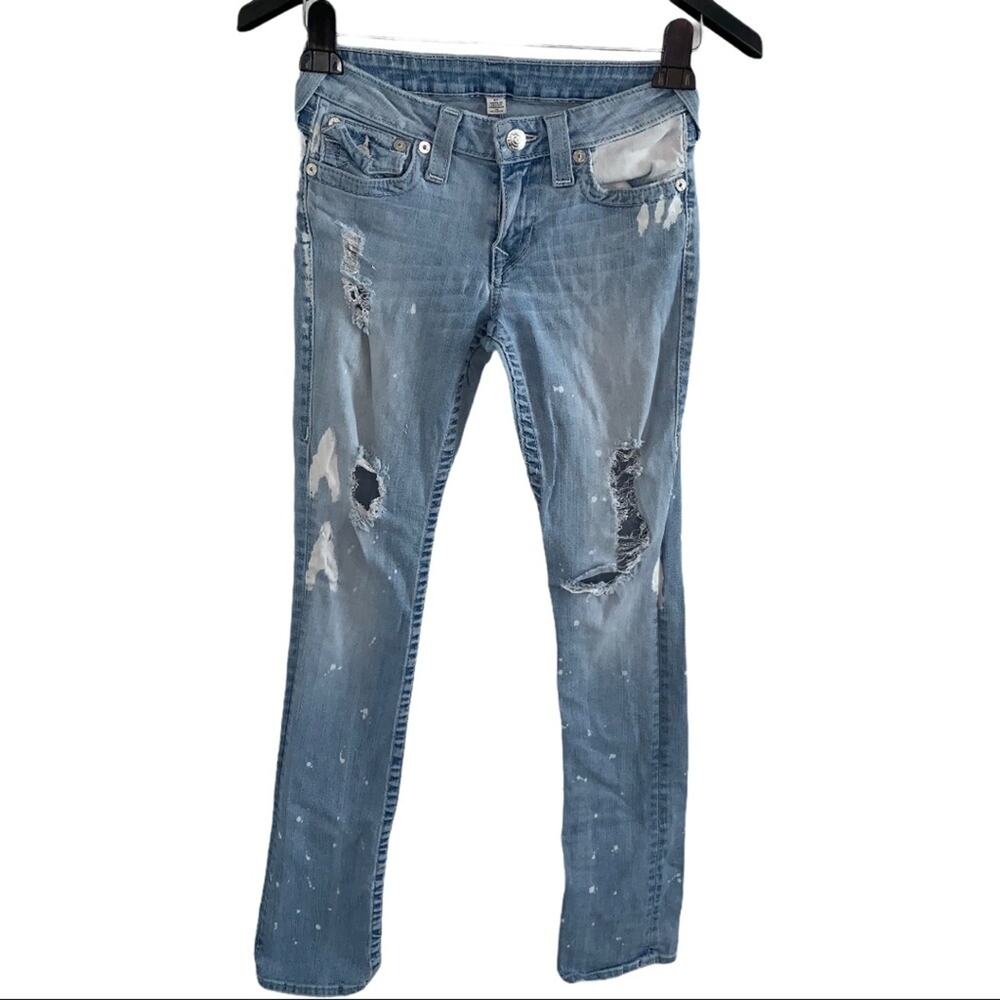True Religion 27 Women's Slim Straight Stretch Bleach Splatter Distressed Jeans